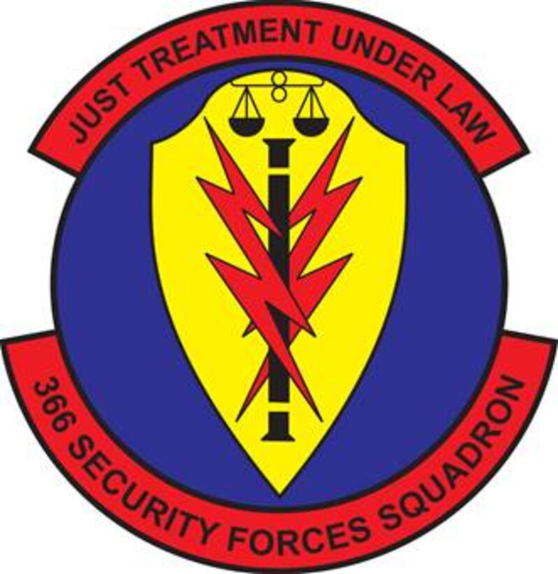 Logo of  the 366th Security Forces Squadron.  Air Expeditionary Wing at Mountain Home Air Force Base, Idaho.  In accordance with Chapter 3 of AFI 84-105, commercial reproduction of this emblem is NOT permitted without the permission of the proponent organizational/unit commander. Color Version, 8 x 8 inches, 300 ppi.