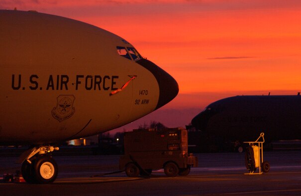 ROYAL AIR FORCE MILDENHALL, England (AFPN) -- A KC-135 Stratotanker sits on the flightline during a recent sunset. The KC-135 is deployed here from Fairchild Air Force Base, Wash. and provides aerial refueling support to Air Force, Navy and Marine Corps aircraft as well as aircraft of allied nations. (U.S. Air Force photo by Staff Sgt. Jeanette Copeland )   

