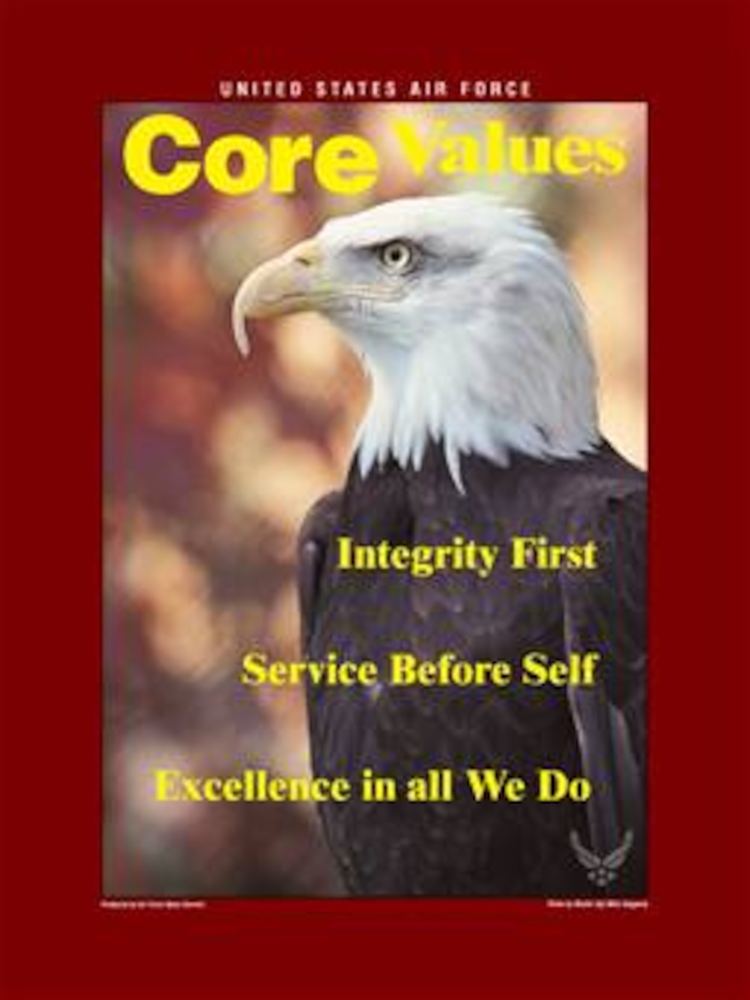 Core Values Poster, 8.25x11 inches, 300 ppi.  This poster was created by the Air Force News Agency. The image for this poster is available up to 18x24 inches at 300 ppi and can be provided in any format required for reproduction or duplication upon request. Air force Link does not provide printed posters but assistance can be provided in acquiring posters through your servicing DAPS.  A PDF version for printing on office printers is also available.  Requests can be made to afgraphics@dma.mil. Please specify the title and number.