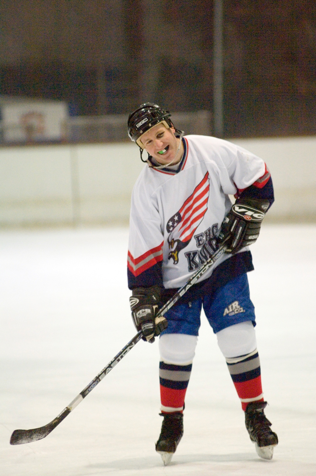 EPPELHEIM, Germany (AFPN) -- Capt. Paul Hilfer plays in Eppelheim's Eishalle. The KMC Eagles won 6-4 against the Eppelheim Hawks, maintaining second place in their league. The Kaiserslautern Military Community hockey team is made up of 30 players in different skill levels varying from semi-pro and college to players experiencing their first organized game. Captain Hilfer is with the 435th D Squadron at Ramstein Air Base, Germany. (U.S. Air Force photo by Master Sgt. John E. Lasky)