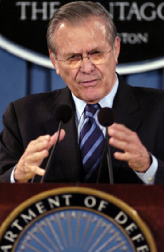 Secretary of Defense Donald H. Rumsfeld answers a reporter's question during a Pentagon press briefing in Arlington, Va., on Jan. 25, 2006. Rumsfeld talked to reporters about military force levels and capabilities. 