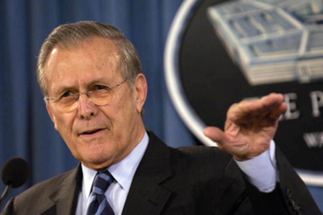 Secretary of Defense Donald H. Rumsfeld answers a reporter's question during a Pentagon press briefing in Arlington, Va., on Jan. 25, 2006. Rumsfeld talked to reporters about military force levels and capabilities. 