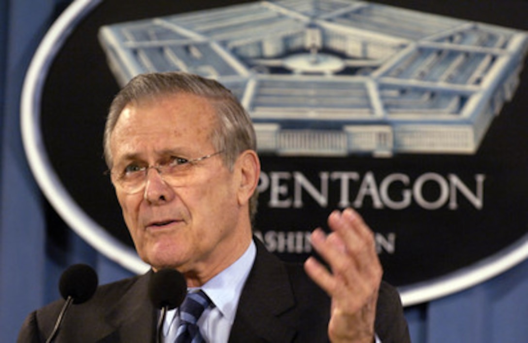 Secretary of Defense Donald H. Rumsfeld answers a reporter's question during a Pentagon press briefing in Arlington, Va., on Jan. 25, 2006. Rumsfeld talked to reporters about military force levels and capabilities. 