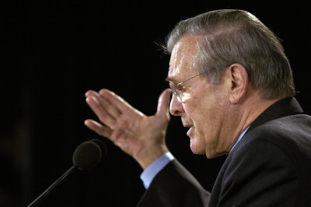 Secretary of Defense Donald H. Rumsfeld answers a reporter's question during a Pentagon press briefing in Arlington, Va., on Jan. 25, 2006. Rumsfeld talked to reporters about military force levels and capabilities. 