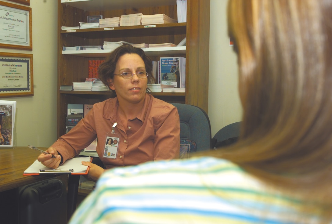 Jan M. Capaccioli, substance abuse conselor for the Marine and Family Services Division, intakes a history from a potential patient during a general counseling session.