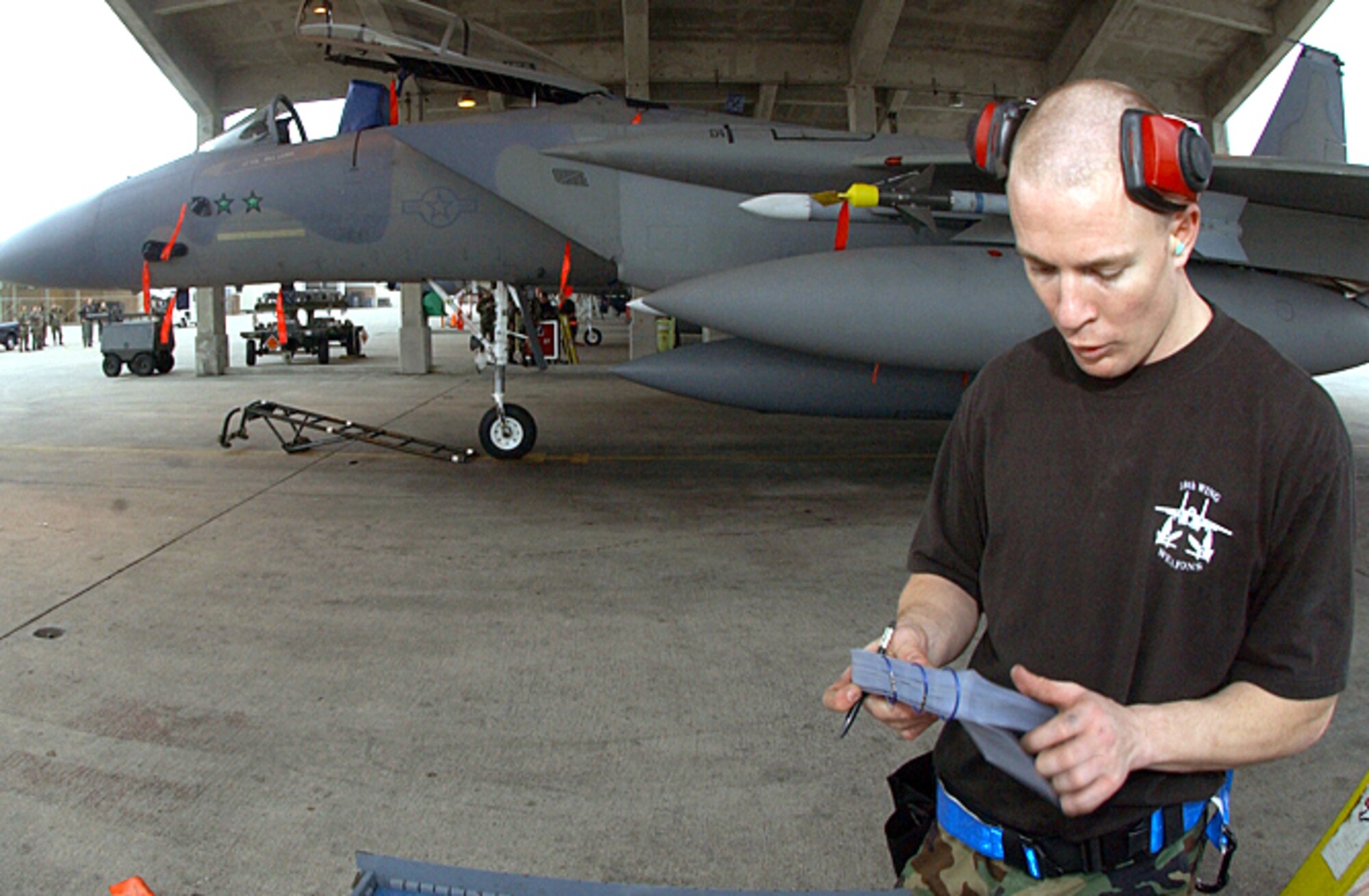 KADENA AIR BASE, Japan (AFPN) -- Staff Sgt. Matthew Andrews reads through a checklist after all the munitions have been loaded to assure compliance. Airmen competed in a load crew competition Jan. 27. The load crew competition evaluates the Airmen's timeliness and accuracy of loading munitions. (U.S. Air Force photo by Airman 1st Class Stephanie Sinclair)