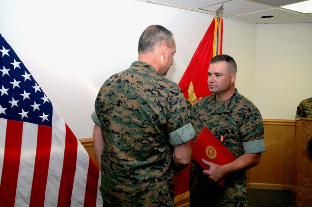 INDIAN HEAD, Md.--Staff Sgt. Carson B. Jeffers is awarded the Navy and Marine Corps Medal for heroism at the Chemical Biological Incident Response Force (CBIRF) during an award ceremony June 16.  The Navy and Marine Corps Medal is the highest peacetime award for heroism.  It may be awarded to any person serving in the U.S. Navy or U.S. Marine Corps for acts of life-saving, or attempted lifesaving at the risk of one's own life.
