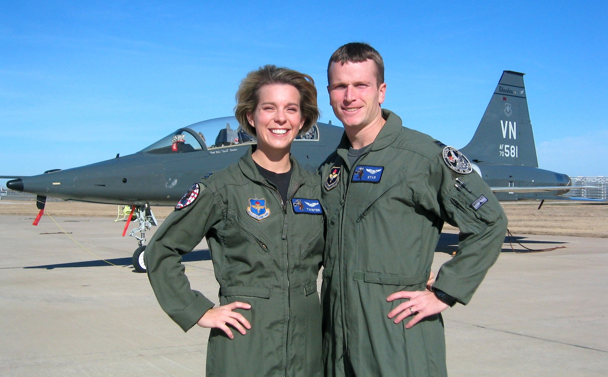 VANCE AIR FORCE BASE, Okla. (AFPN) -- Capts. Rob and Beth Makros, T-38 instructor pilots with the 25th Flying Training Squadron here, were recently selected for assignment to the 509th Bomb Wing at Whiteman Air Force Base, Mo., as B-2 Spirit bomber pilots. (U.S. Air Force photo) 

