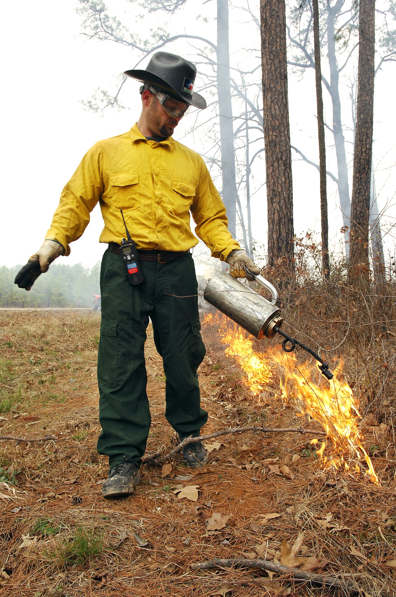 BARKSDALE AFB, La. (AFPN) -- Michael Gibson sets low-lying brush and leaves ablaze with a drip torch. The 200-acre burn Jan. 26 was a timber stand improvement burn, and is one of 10 scheduled controlled burns on Barksdale's East Reservation this year. The burning is conducted to reduce overall fire fuel on the ground, which in turn helps prevent forest fires. Mr. Gibson is a biological science technician here. (U.S. Air Force photo by Senior Airman Stephen J. Otero)
