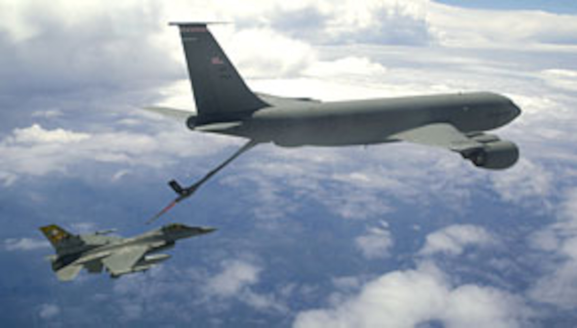 An Air Force Reserve KC-135 assigned to the 939th Air Refueling Wing provides aerial refueling support for an F-16 fighter aircraft.  Tankers based at Portland provide aerial refueling for U.S. military assets at home and abroad to achieve Department of Defense objectives.