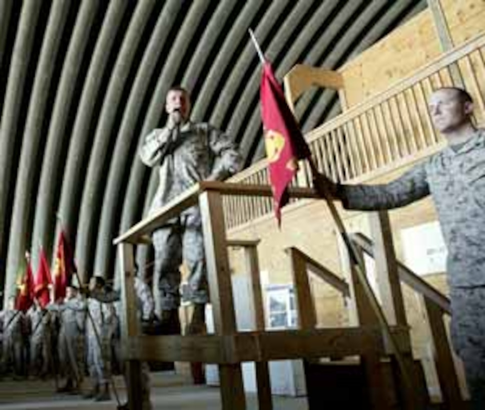 The Commandant of the Marine Corps, General Michael W. Hagee, accompanied by the Corps? top enlisted Marine, Sgt. Maj. John L. Estrada, visited hundreds of Marines and sailors here May 30th, 2006. The visit was part of a tour of bases in western Iraq where Hagee and Estrada addressed troops and met with commanders at multiple bases and outposts where Marines are currently serving. During the visit, Hagee recounted some Marine involvements in past campaigns which have earned the Marine Corps its reputation of an honorable institution. Hagee took the opportunity to speak to the troops on the importance for Marines to lead by example and to honor and respect the Marines? core values of honor, courage and commitment. ?To a Marine, honor is more than just honesty; it means having uncompromising personal integrity and being accountable for all actions. To most Marines, the most difficult part of courage is not the raw physical courage that we have seen so often on today?s battlefield. It is rather the moral courage to do the ?right thing? in the face of danger or pressure from other Marines,? Hagee said.