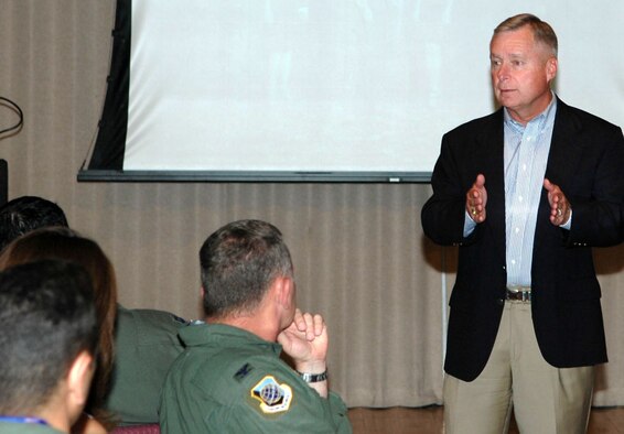 Retired Lt. Gen John B. Sams Jr., discusses the future of the KC-135  at the Inland Northwest Airlifter / Tanker Asssociation luncheon June 22 at Club Fairchild. General Sams was the 15th Air Force Commander before he retired in 2000 and he is now the vice president of Air Force Program Business Development with Boeing. He predicted that the future of tanker airlift will include increased operational capabilities.
