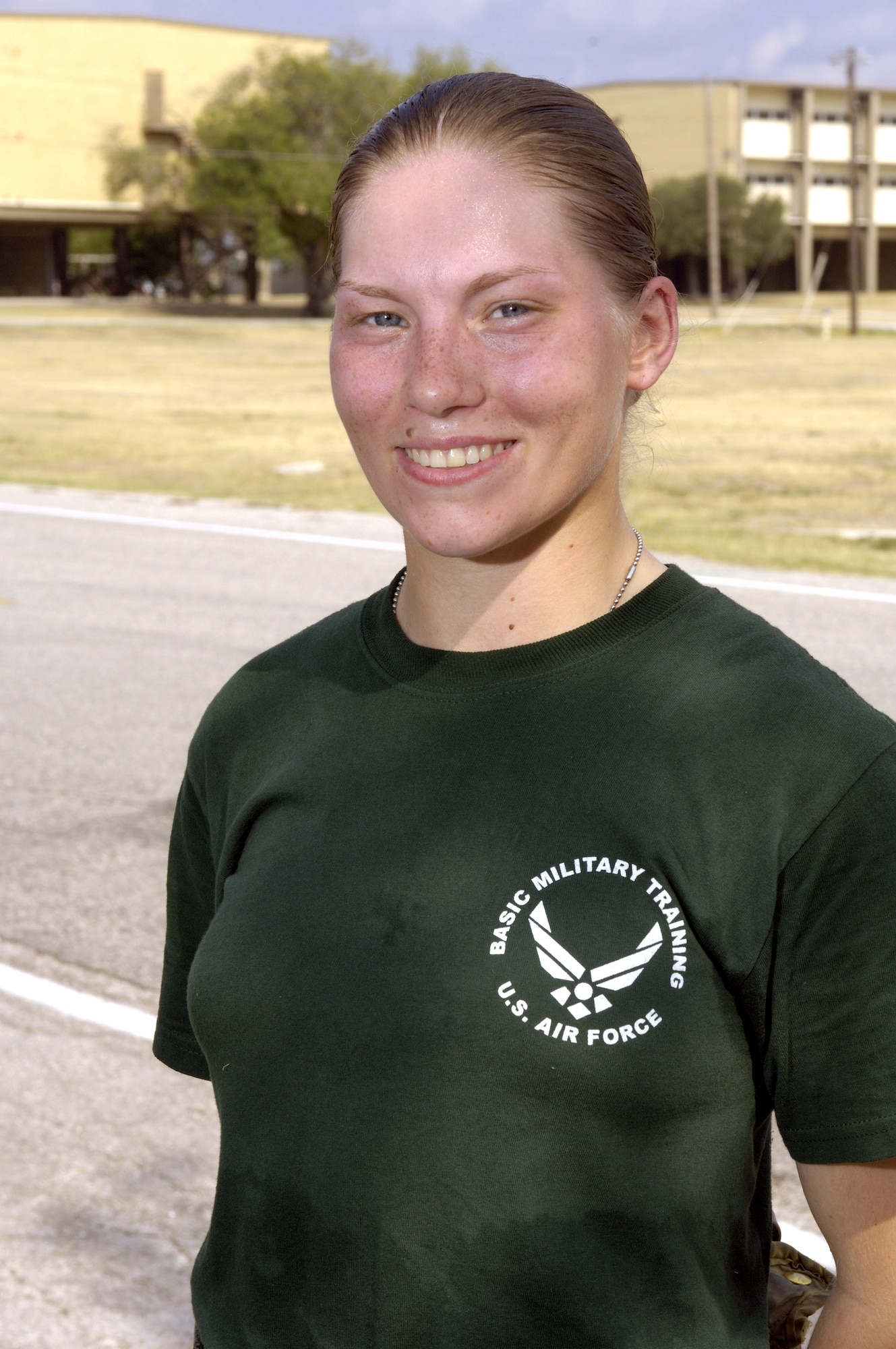 Airman 1st Class Amy George graduated from basic military training at Lackland Air Force Base, Texas, on Friday, June 30. The Airman completed a two-and-one-half-mile run June 29. Now that she's in uniform, she has a different view of the Fourth of July holiday. (U.S. Air Force photo) 
