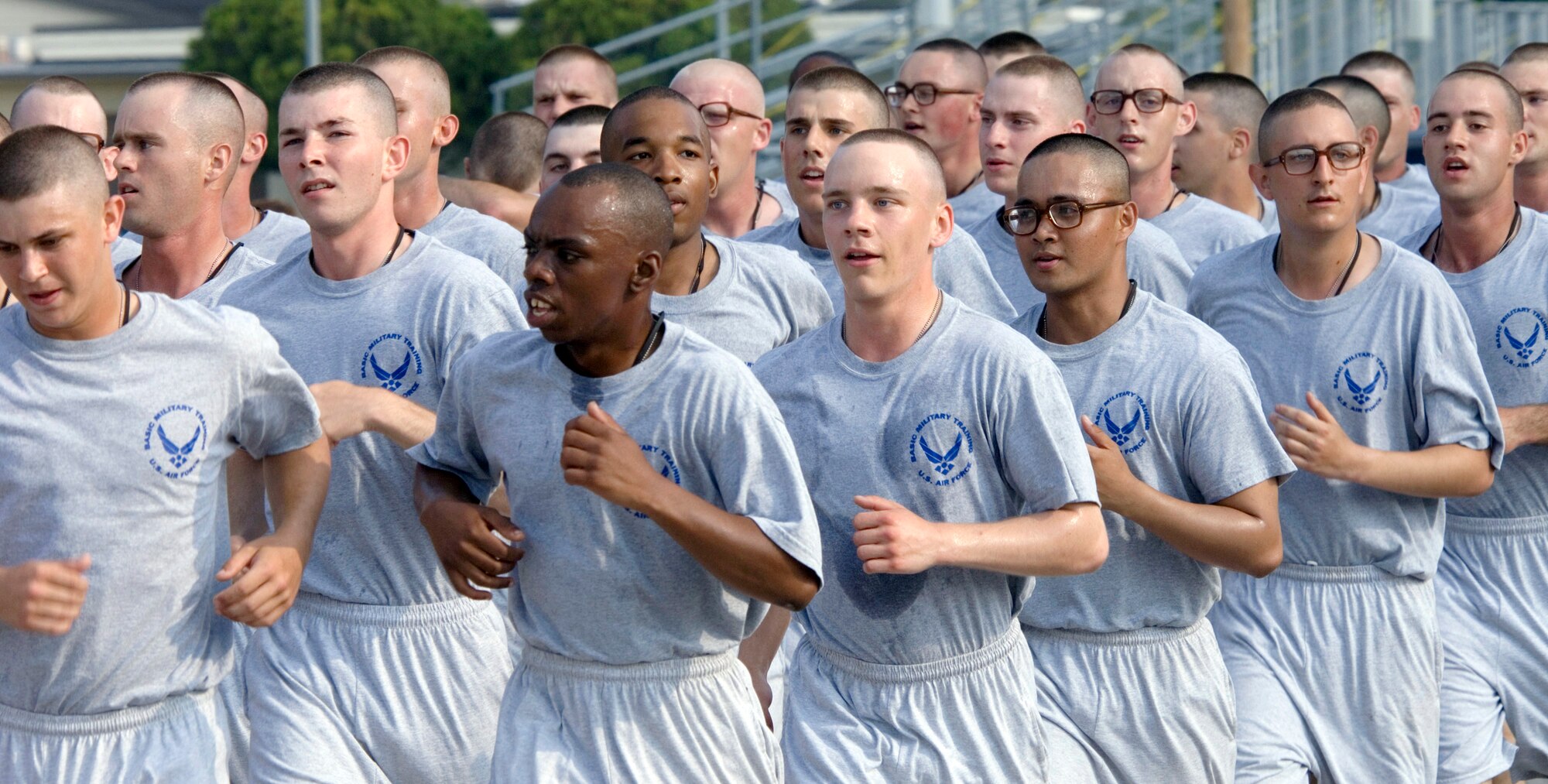 Airmen completing Air Force Basic Military Training at Lackland Air Force Base, Texas, participate in a 2.5-mile Airmen's run Thursday, June 29. The run is a victory celebration of the challenges overcome and esprit de corps gained by Airmen during training. (U.S. Air Force Photo/Master Sgt. Jack Braden)