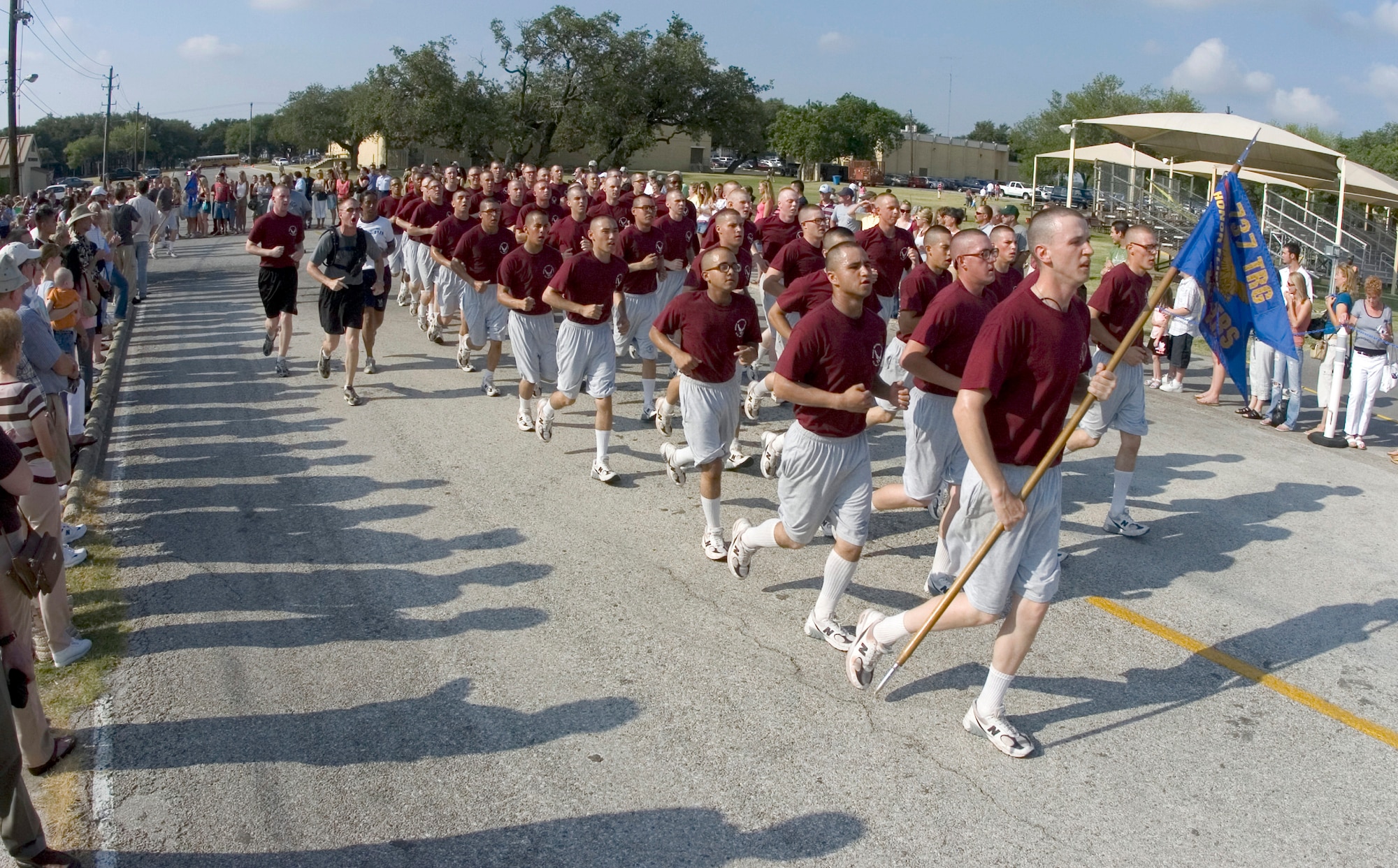 Airmen completing Air Force Basic Military Training at Lackland Air Force Base, Texas, participate in a 2.5-mile Airmen's run Thursday, June 29. The run is a victory celebration of the challenges overcome and esprit de corps gained by Airmen during training. (U.S. Air Force Photo/ Master Sgt. Jack Braden)