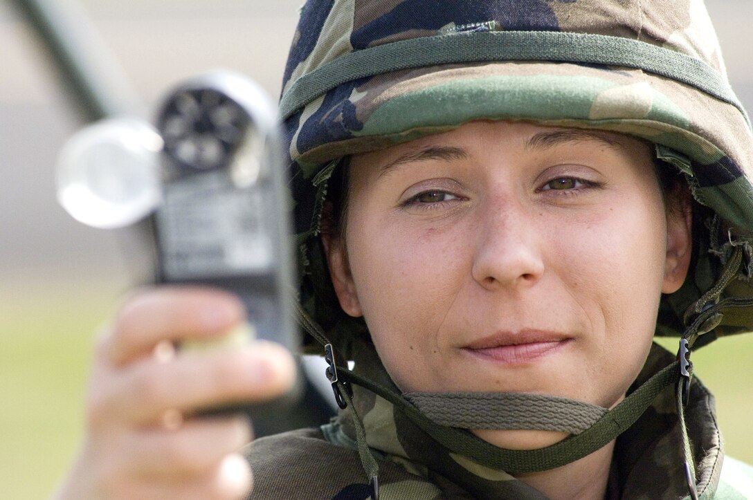 Tech. Sgt. Jessica Boyle gathers weather data during field training June 21 at Wiesbaden Army Airfield, Germany. A native of Swanzey, N.H., Sergeant Boyle is a combat weather forecaster with Wiesbaden's 7th Weather Squadron, Detachment 6 in southwest Germany. (U.S. Air Force photo/Master Sgt. John E. Lasky)