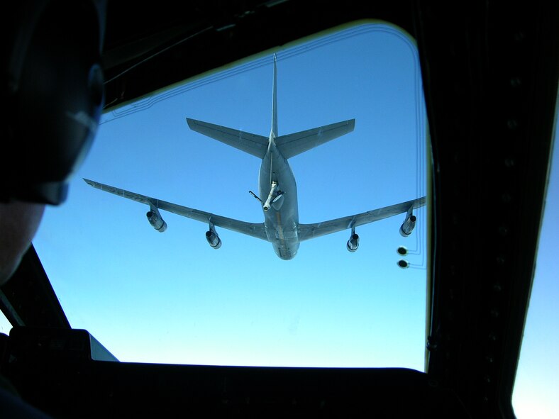 A Patriot Wing C-5 closes in on an awaiting KC-135E Stratotanker during air-to-air refuel training. The weekly missions, flown over New England and New York, are mandatory for Westover C-5 pilots. (U.S. Air Force photo/Tech Sgt. Andrew Biscoe)