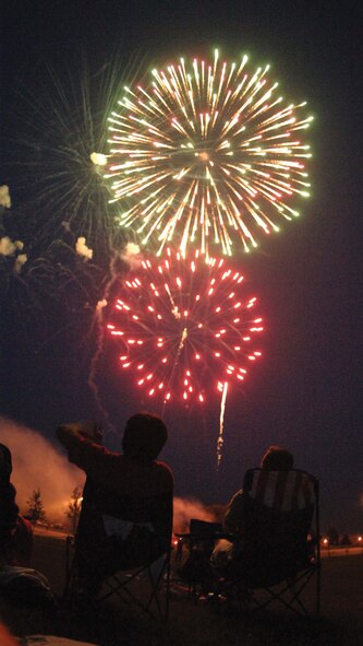 MINOT AIR FORCE BASE, N.D. -- Friends’ and families’ watch the July 4th fireworks display at Bud Ebert Park here Tuesday. The base held various activities for base members throughout Independence Day, such as a free swim day at the outdoor pool, a picnic, a golf tournament at Roughrider Golf Course and more. (U.S. Air Force by Staff Sgt. Joe Laws)