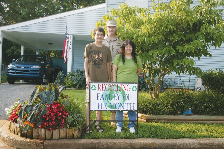June and Senior Master Sgt. John Smith, 9th Air Force, their son Joshua and daughter Jessica (not pictured) were selected as Shaw's Recycling Family of the Month for June.  Familes are chosen based on their frequency of recycling.  (U.S. Air Force photo/Tarsha Storey)