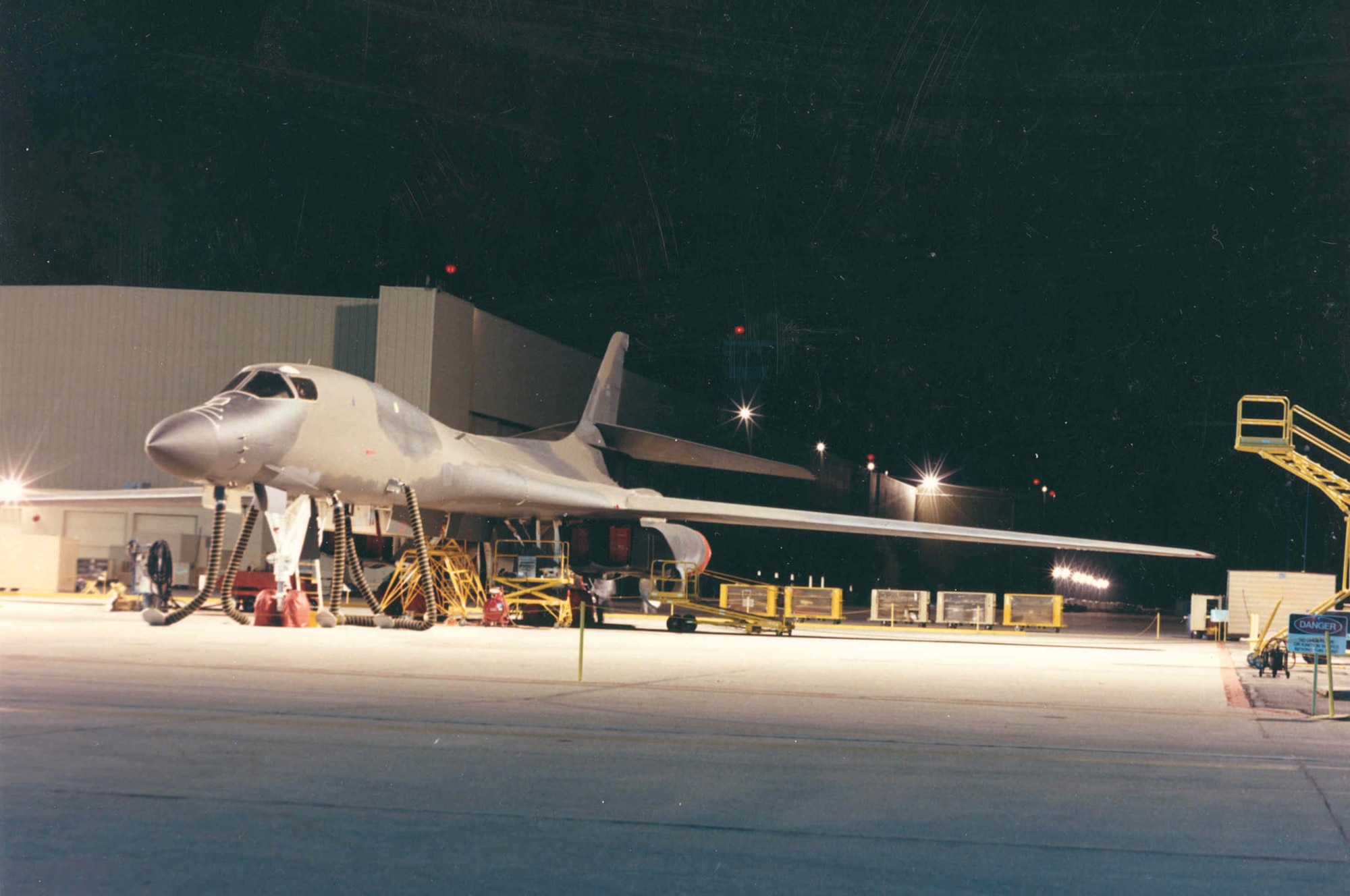 Rockwell International B-1B. This is probably an early production aircraft since their are no unit markings (possibly S/N 84-0049, which was used for weapons testing). (U.S. Air Force photo)