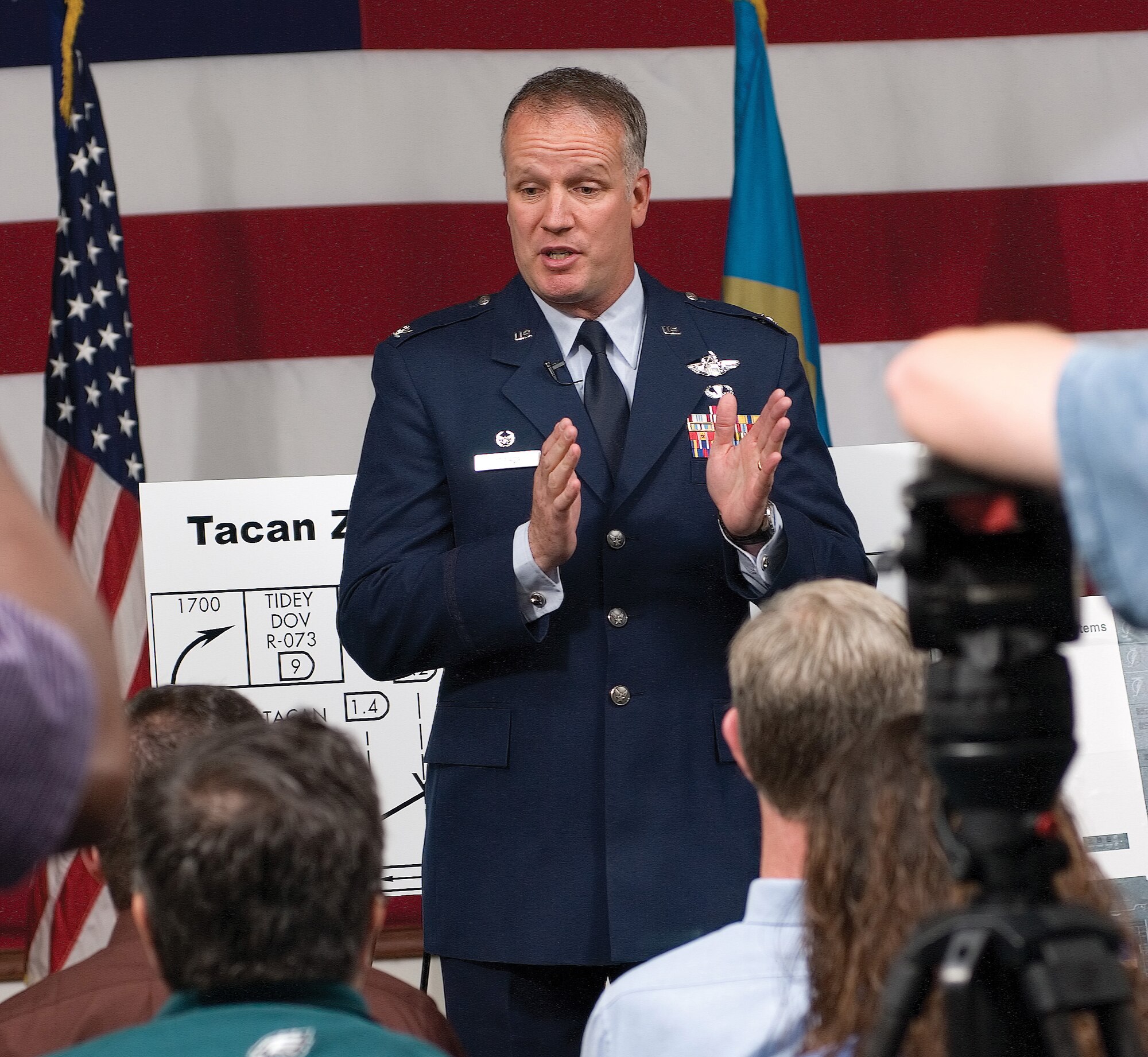 Col. Raymond Torres, Accident Investigation Board president and commandant of the Air Force Expeditionary Air Operations School at McGuire Air Force Base, N.J., briefs local and national media about the AIB results at the Landings Club here June 13.

