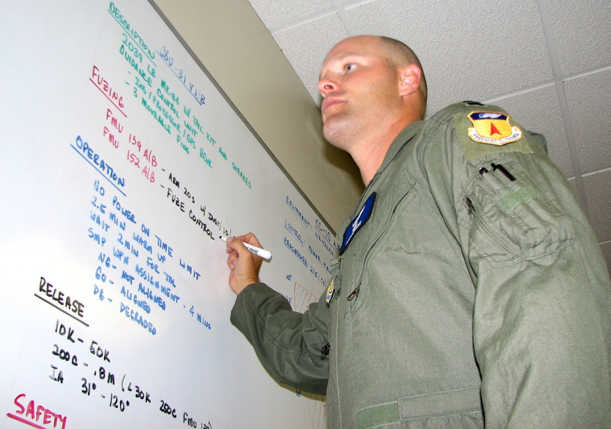 ANDERSEN AIR FORCE BASE, Guam – ‘Mission Planning’ – Captain Bob Bryant, 13th Expeditionary Bomb Squadron B-2 Spirit pilot, adds notes to a mission planning – or “grease” – board in the bomber operations center at Andersen Air Force Base, Guam, July 10. The captain is one of approximately 35 Airmen, from the 13th Bomb Squadron and the 509th Operations Support Staff, Whiteman AFB, Mo., who arrived here June 29-30 for a two-month deployment. The deployment of B-2 aircraft and personnel to Andersen AFB is to provide the U.S. Pacific Command commander a continuous bomber presence in the Asia-Pacific region. (USAF Photo by Tech. Sgt. Mikal Canfield)