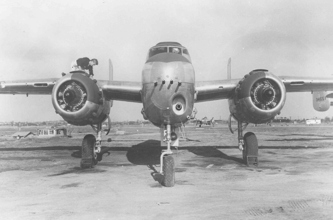 <em>The B-25H was armed with four .50 cals in the nose, two on its left cheek, two on its right cheek, and a nose-mounted 75mm tank cannon (U.S. Air Force)</em>