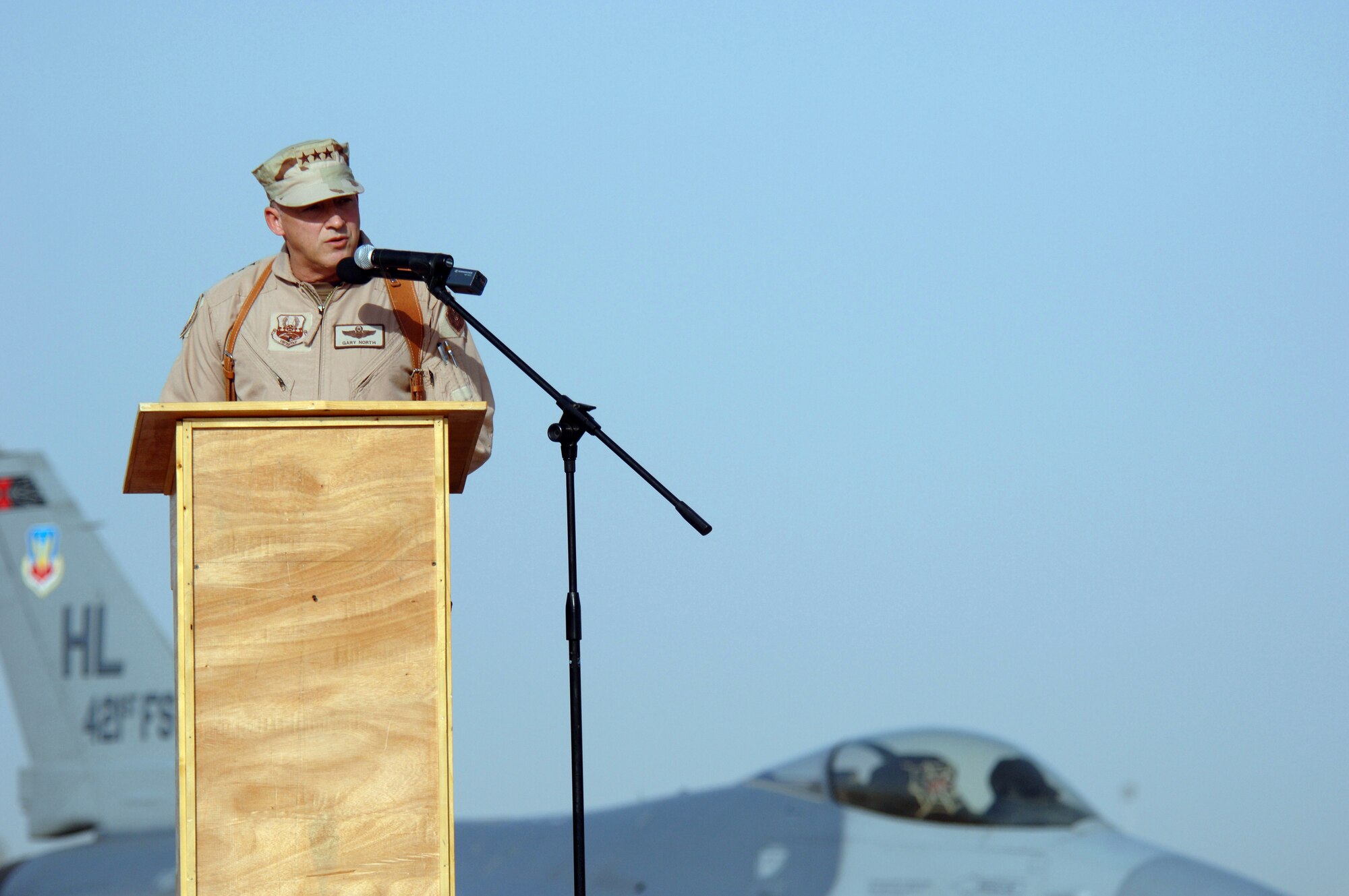 Lt. Gen. Gary North talks to Airmen of the 332d Air Expeditionary Wing during the wing's change of command July 5. General North is the commander of U.S. Central Command Air Forces. (U.S. Air Force photo/Airman 1st Class Tung Trinh)