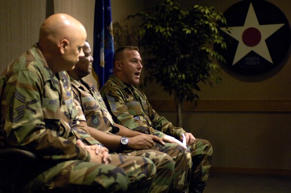 HICKAM AIR FORCE BASE, Hawaii -- A panel of Chief Master Sgt.?s answer questions from Airman during a briefing at the Professional Military Education building during an Airman Professional Enhancement Course 11 July 2006 at Hickam Air Force Base, Hawaii. The development course is held once a quarter and targets Airmen who have been in the Air Force for two to four years. The course is meant to fill the gap between the Airman First Term Center and Airman Leadership School. (U.S. Air Force photo/ Tech. Sgt. Shane A. Cuomo)
