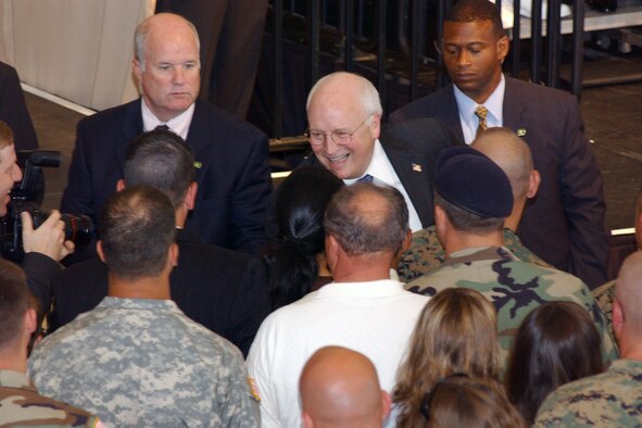 Vice President Dick Cheney mingles with the crowd  following a troop rally July 10 at Selfridge Air National Guard Base, Mich., home of Air Force Reserve's 927th Air Refueling Wing. Mr. Cheney thanked many for their patriotism and dedication. Nearly 1,000 military members, retirees, family members and civilian employees attended the rally.