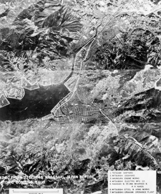 Aerial reconnaissance photo of Nagasaki, Japan, taken on Aug. 5, 1945. Military and industrial target areas are outlined and numbered (legend at lower left corner of photo). (U.S. Air Force photo)