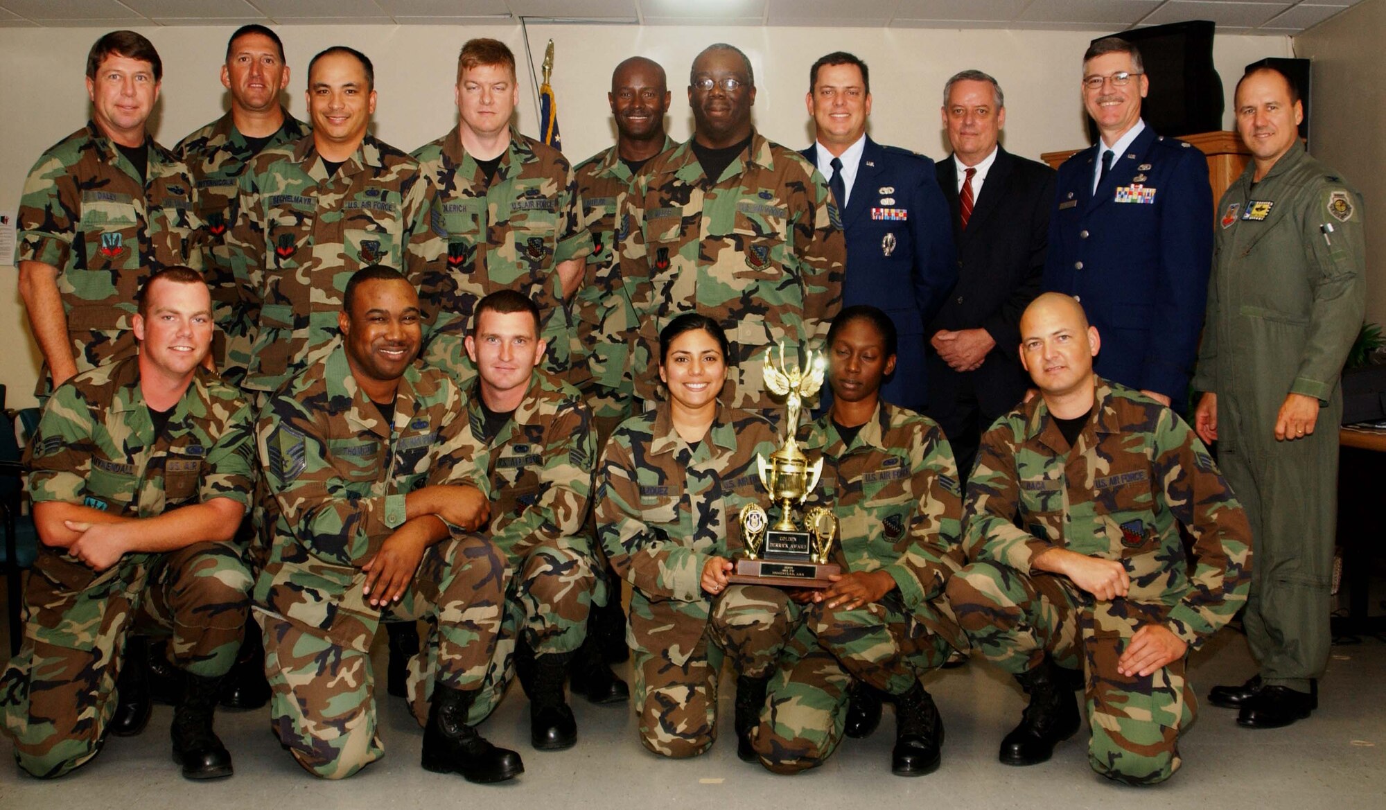Members of the 482nd Logistics Readiness Squadron Fuels Flight pose proudly with their 2005 AFRC Golden Derrick Award. 482nd Fighter Wing Commander Col. Randy Falcon, right, LRS Commander Lt. Col. Chuck Mood, second to right, and MSG Commander Col. Dennis Daley, were on hand to thank the troops for all their hard work. (US Air Force Photo by Tech. Sgt. Paul Dean)