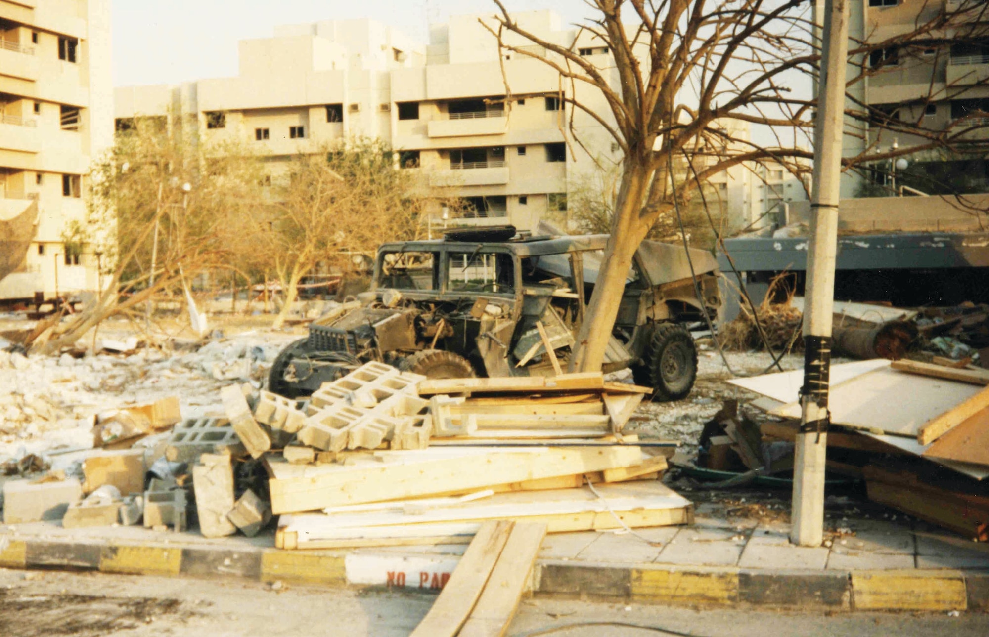 A humvee sits in the rubble after the bombing June 25, 1996.  (Courtesy photo)