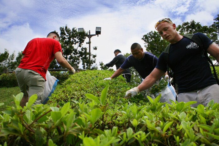Marines and Japanese work together to clean up the Tsuzumigaura Beach in an effort to clean up seaweed, driftwood and other sources of natural debris from the local area Thursday.