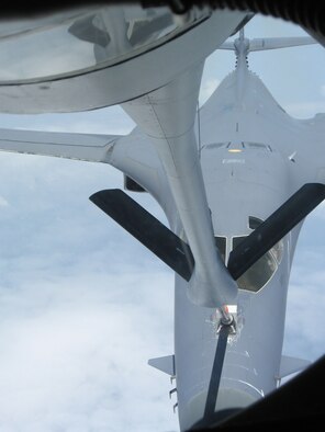 A B-1B Lancer refuels from a KC-135 Stratotanker during a recent Operation Enduring Freedom mission.  Both aircraft are deployed to the 40th Air Expeditionary Group (Photo by Tech. Sgt. Jason Smith)