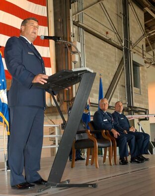GRISSOM AIR RESERVE BASE, Ind -- Maj. Gen. Robert E. Duignan, 4th Air Force commander, addresses the crowd at the 434th Air Refueling Wing change of command ceremony on July 16, 2006.  Brig. Gen. Dean J. Despinoy (right) took command of the wing from Brig. Gen James L. Melin, who moves to the 452nd Airlift Wing at March ARB, Calif.  General Duignan was the presiding officer at the ceremony. (U.S. Air Force photo/SrA Mark Orders-Woempner)