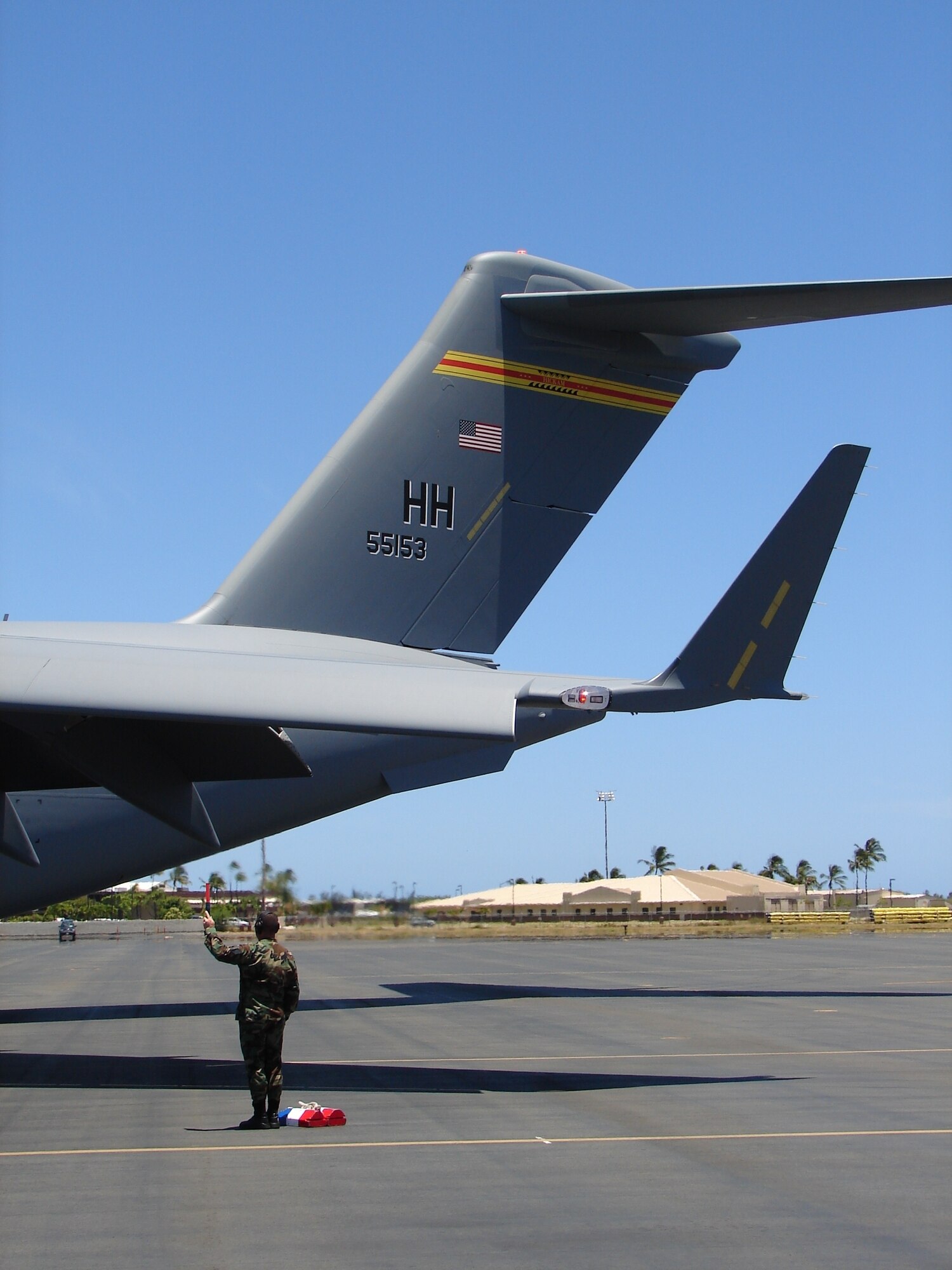 HICKAM AIR FORCE BASE, Hawaii – Team Hickam welcomed the last of its eight C-17 Globemaster III aircraft today. The arrival of The Spirit of Kamehameha – Imua completes the successful transformation of the 15th Airlift Wing from a support unit to an operational strategic airlift wing.  (Air Force photo by Major Brad Jessmer)
