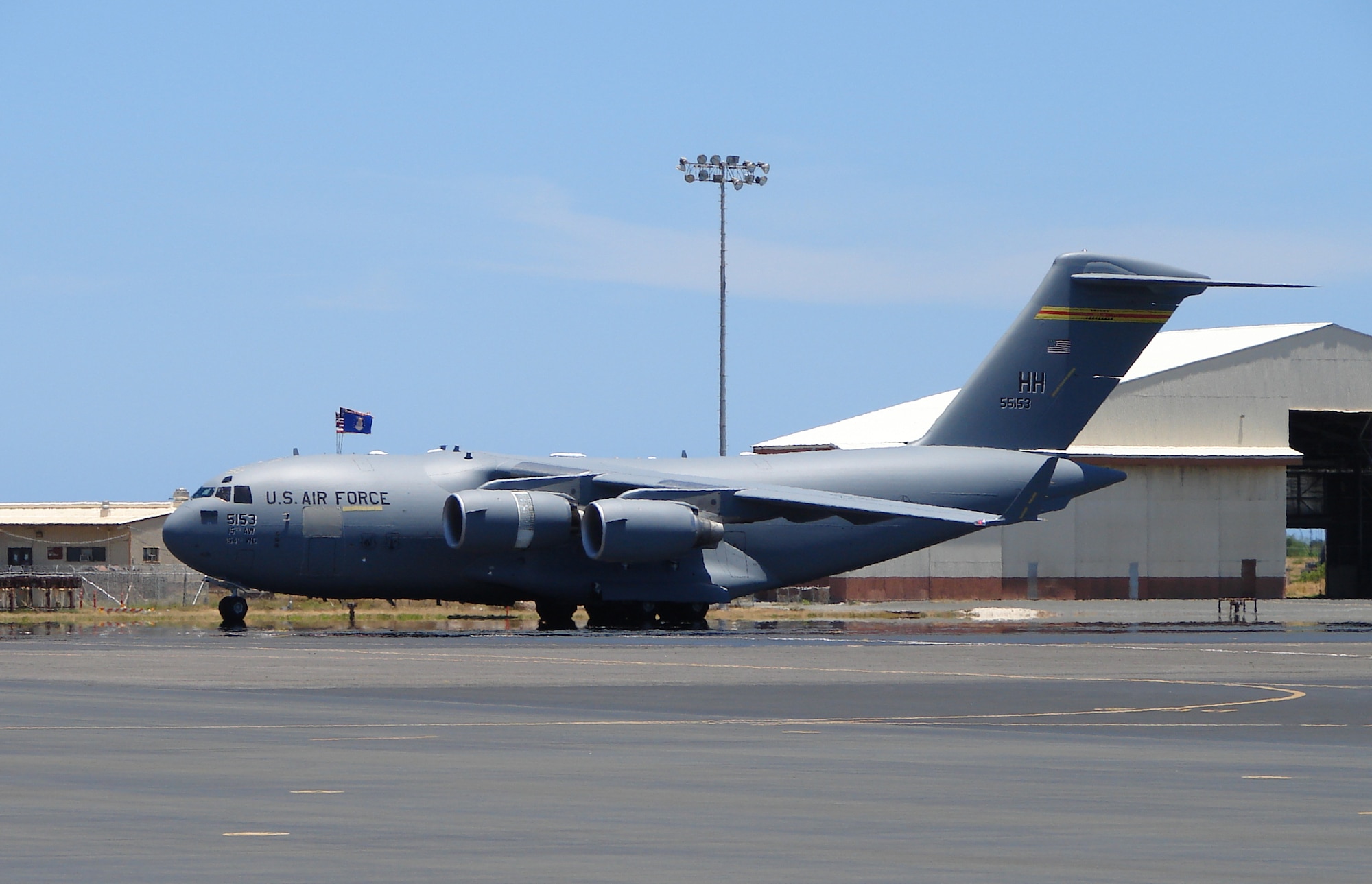 HICKAM AIR FORCE BASE, Hawaii – Turning on it's way to the reviewing stand in preparation for its official Hawaiian welcome and blesing, Team Hickam welcomed the last of its eight C-17 Globemaster III aircraft today. The arrival of The Spirit of Kamehameha – Imua completes the successful transformation of the 15th Airlift Wing from a support unit to an operational strategic airlift wing.  (Air Force photo by Major Brad Jessmer)
