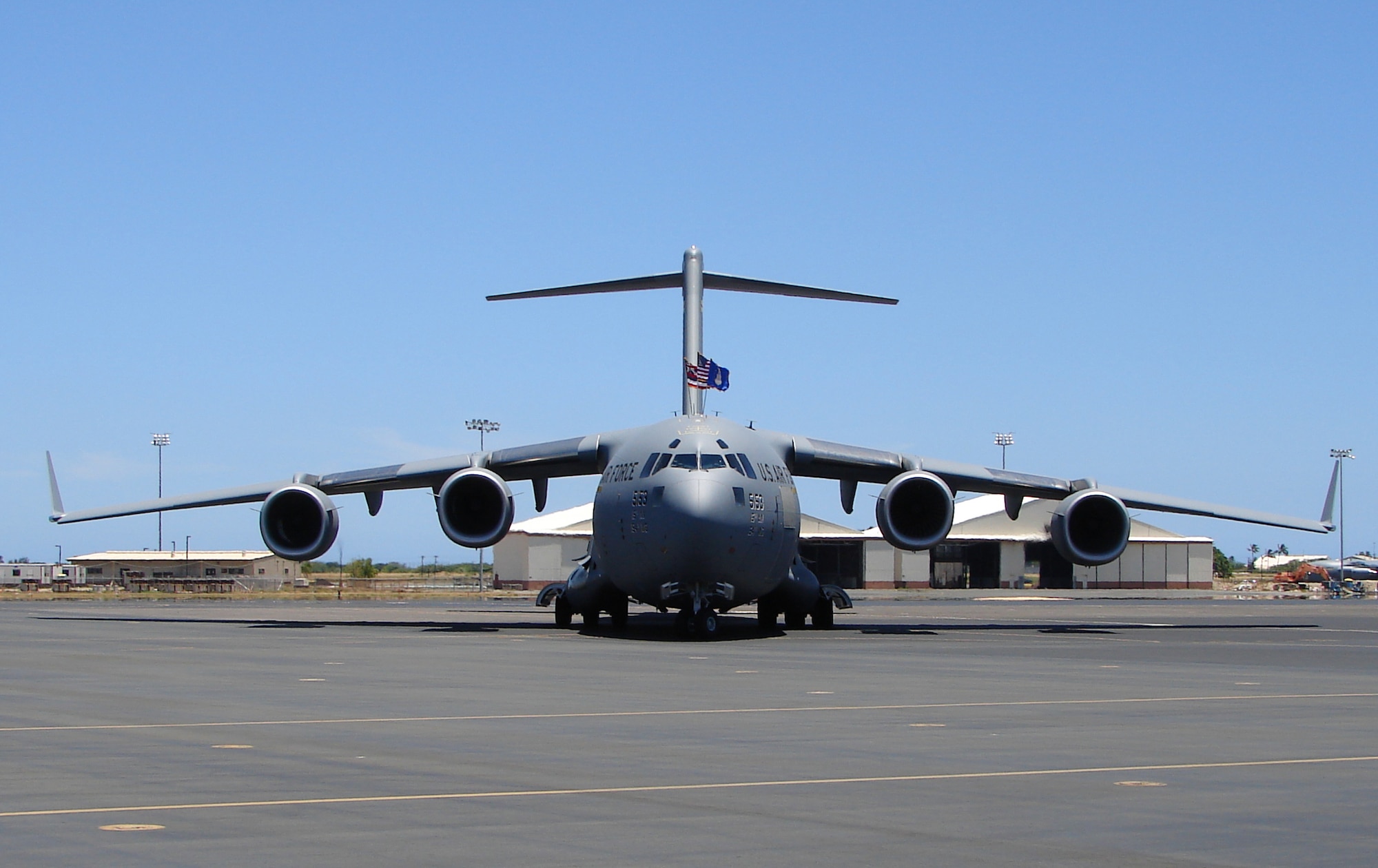 HICKAM AIR FORCE BASE, Hawaii – Turning on it's way to the reviewing stand in preparation for its official Hawaiian welcome and blessing, Team Hickam welcomed the last of its eight C-17 Globemaster III aircraft today. The arrival of The Spirit of Kamehameha – Imua completes the successful transformation of the 15th Airlift Wing from a support unit to an operational strategic airlift wing.  (Air Force photo by Major Brad Jessmer)
