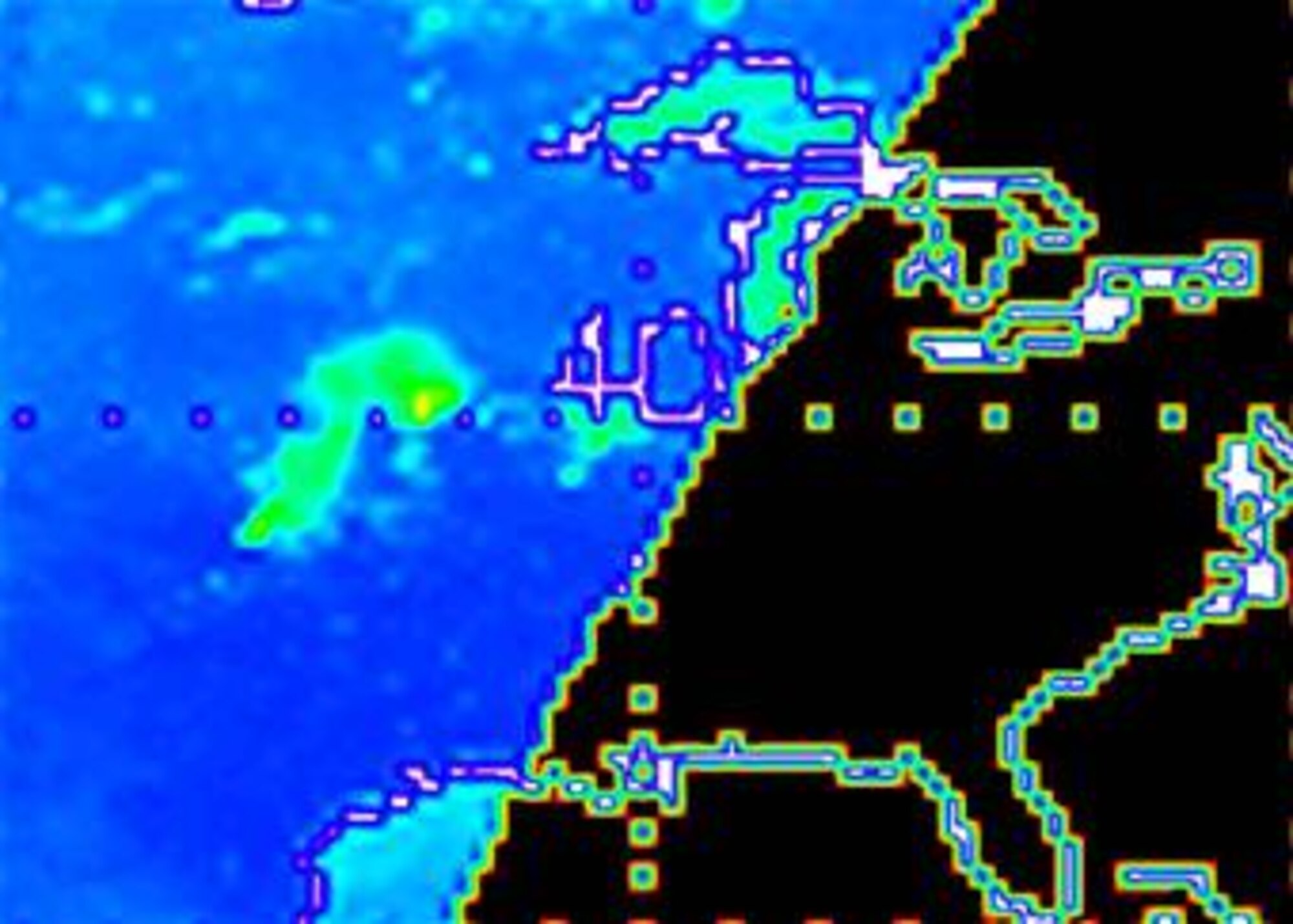 Figure 5: Shows data taken during the intense flooding in Southern Texas. The flooded area is roughly the size of the Great Lakes (in green). (Courtesy of U.S. Navy's Fleet Numerical Meteorological and Oceanographic Center)  