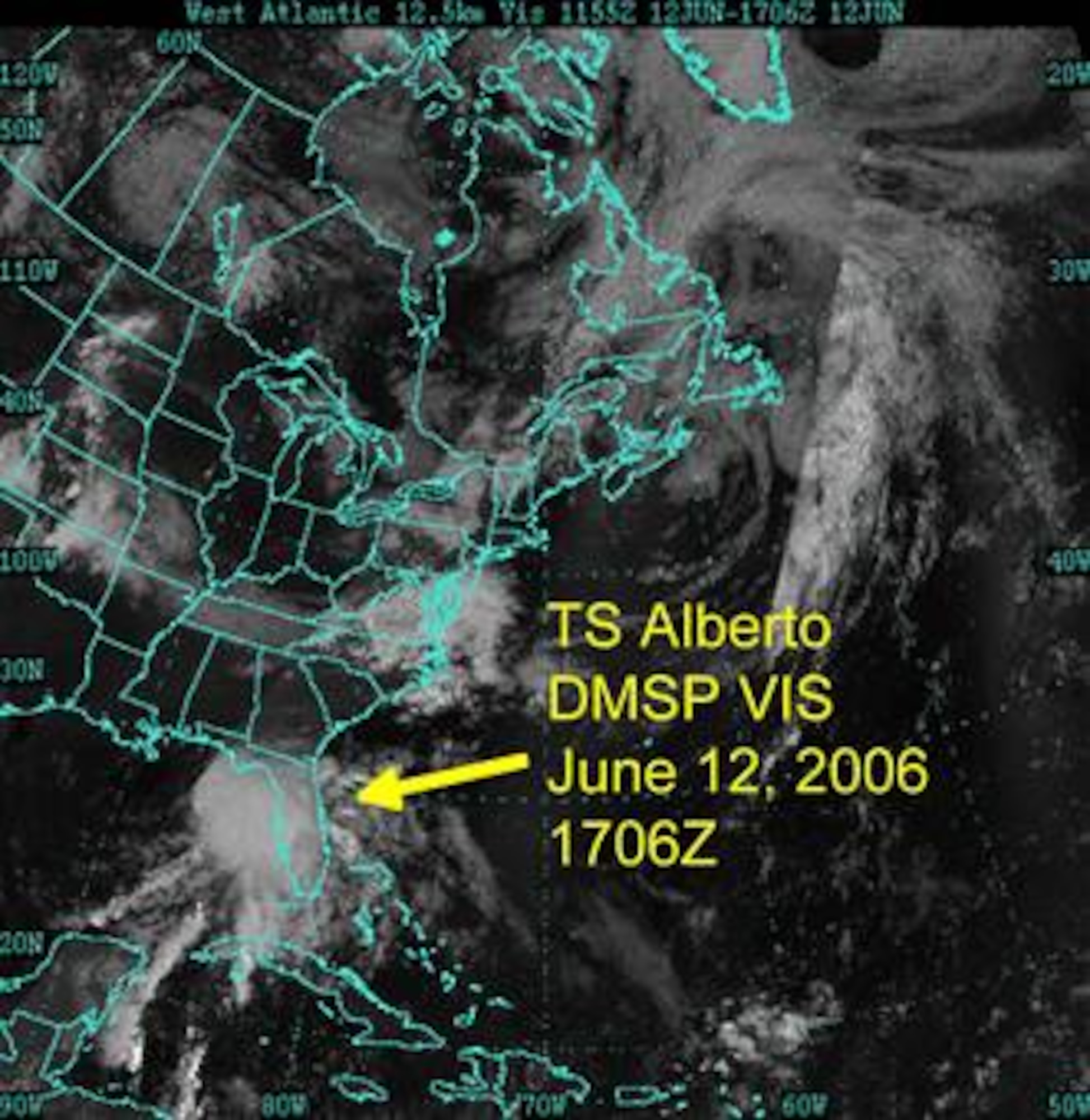 Figure 1a: Shows tropical storm Alberto in visible wavelengths