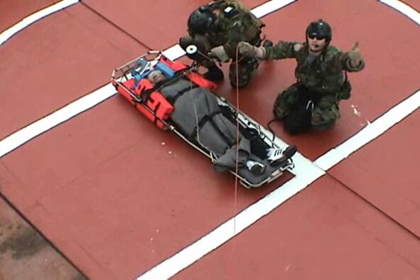 Air Force Reserve aircrews and pararescuemen from the 305 Rescue Squadron teamed up with active duty pararescueman assigned to the 48th rescue squadron to save a civilian sailor in distress.  