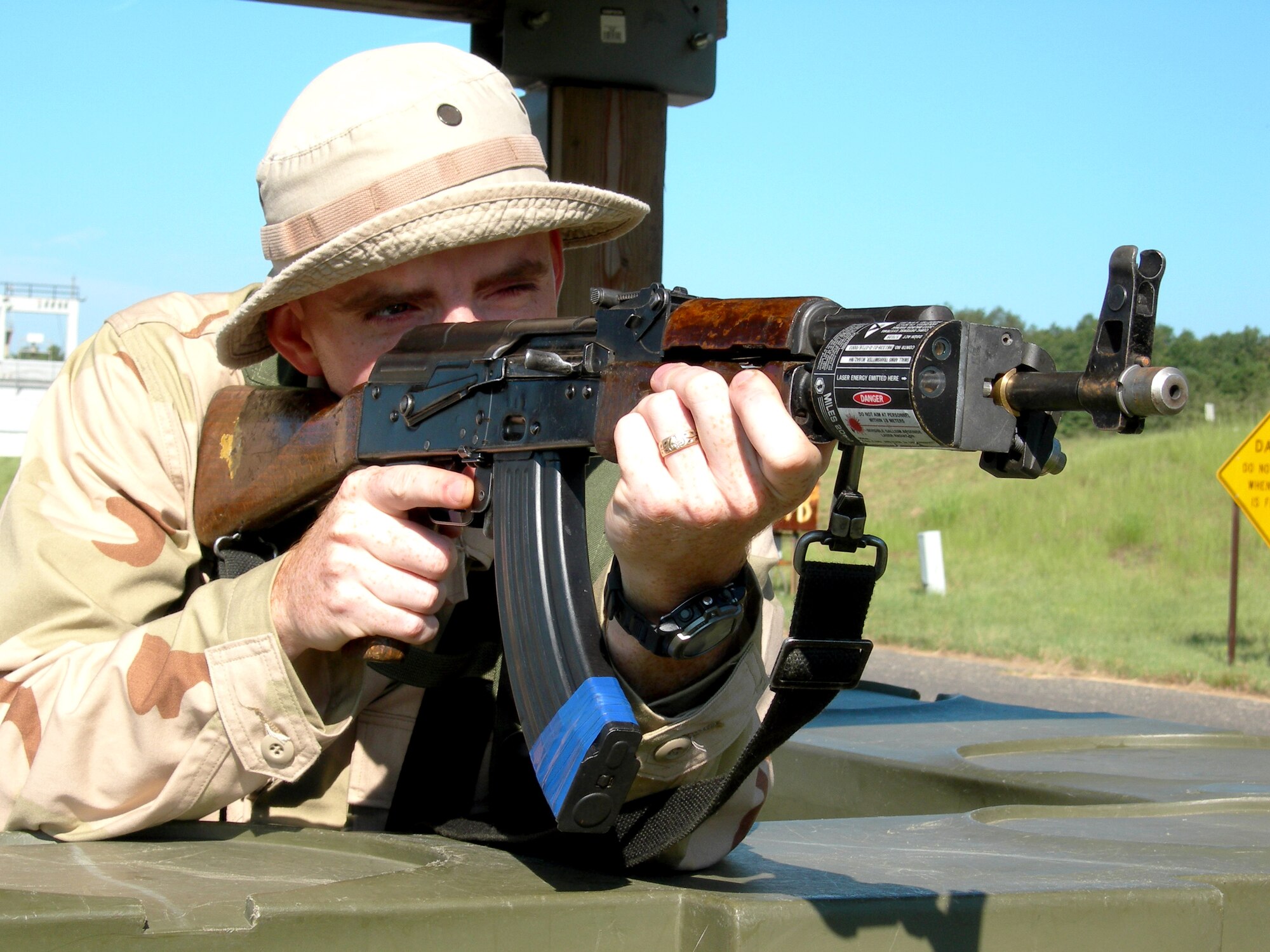 Senior Airman David Branch portrays a private in a foreign national army during an Exercise Eagle Flag 06-3 scenario at Naval Air Engineering Station Lakehurst, N.J., on July 14. The exercise tests Airmen from various career fields on their expeditionary combat support skills. Airman Branch is assigned to the 52nd Combat Communications Squadron at Robins Air Force Base, Ga. (U.S. Air Force photo/Tom Fuller)