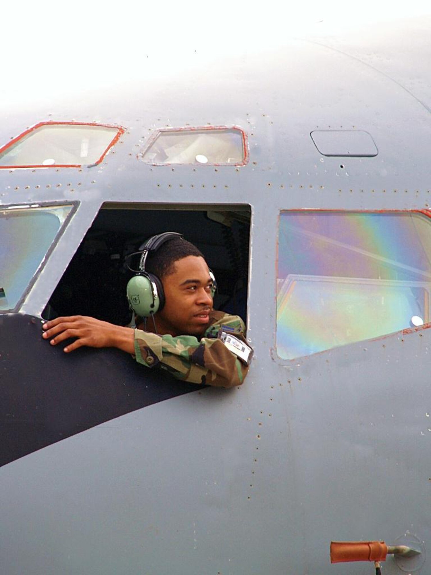 Getting ready to launch a KC-135, Airman Tyrone Faison Jr. gets the opportunity to sit in the pilot's seat.
