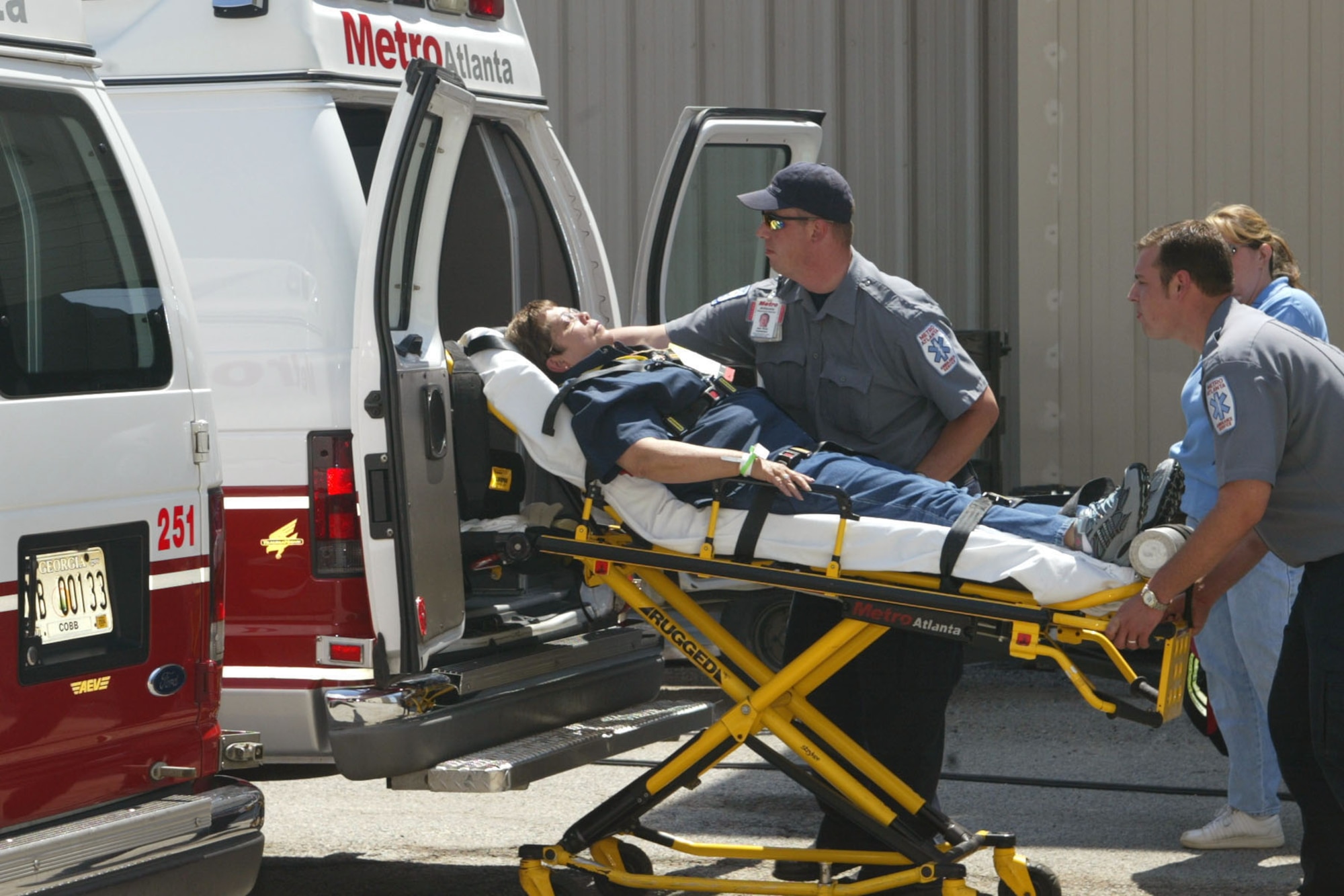 Metro Atlanta Regional Transit Authority was one of the many players during the exercise.  Here they are seen loading one of the injured patients into an ambulance.  In a real-world situation, the patient would then be transported to one of the numerous metro-Atlanta hospitals setup to receive patients in the event the National Disaster Medical System is activated.