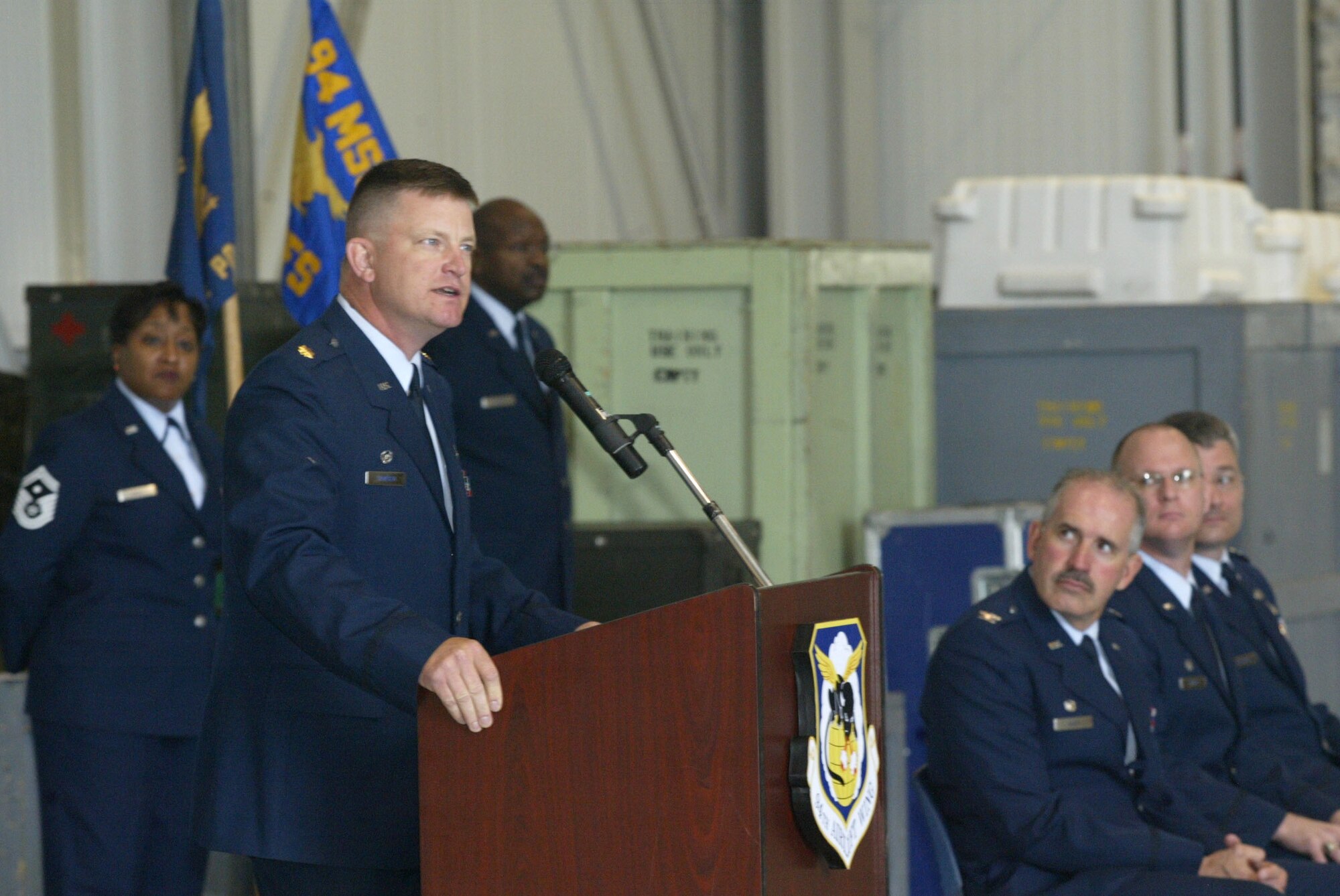 Maj. Kent D. Hansen assumed command of the 94th Security Forces Squadron.  Addressing members of his new squadron, Major Hansen said, "I am honored and dedicated to serve with you."