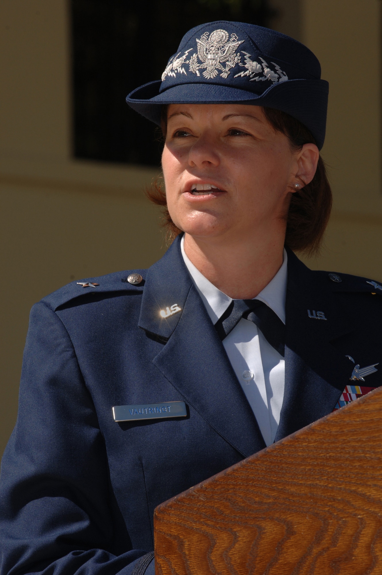 RANDOLPH AIR FORCE BASE, Texas (AETCNS) – Brig. Gen. Suzanne Vautrinot addresses the troops soon after assuming command of Air Force Recruiting Service during a change of command ceremony here July 17. (U.S. Air Force photo by Master Sgt. Scott F. Reed)