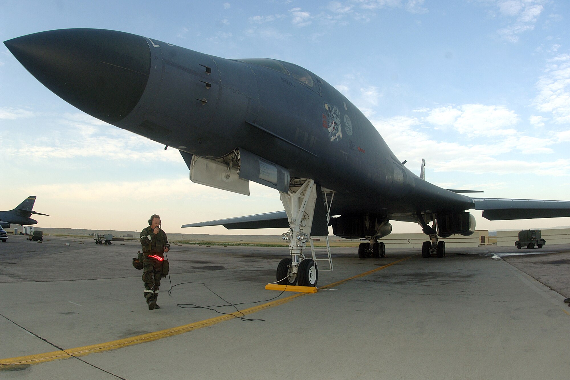 Staff Sgt. Lee Falder performs a routine check on a B-1 Lancer during an operational readiness inspection at Ellsworth Air Force Base, S.D., on July 18. Pre-checks include avionics, control surfaces and engine runs. Sergeant Falder is assigned to the 28th Aircraft Maintenance Squadron. (U.S. Air Force photo/Airman 1st Class Melissa Flores)