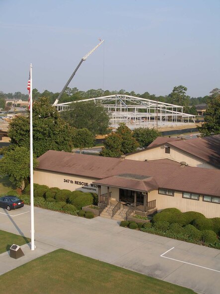 Work continues on the Consolidated Base Support Center that sits along Austin Ellipse adjacent to the current 347th Rescue Wing headquarters building. In addition to serving as the wing headquarters, the center will be a one-stop shop for functions such as finance and mission support activities. (Courtesy photo)