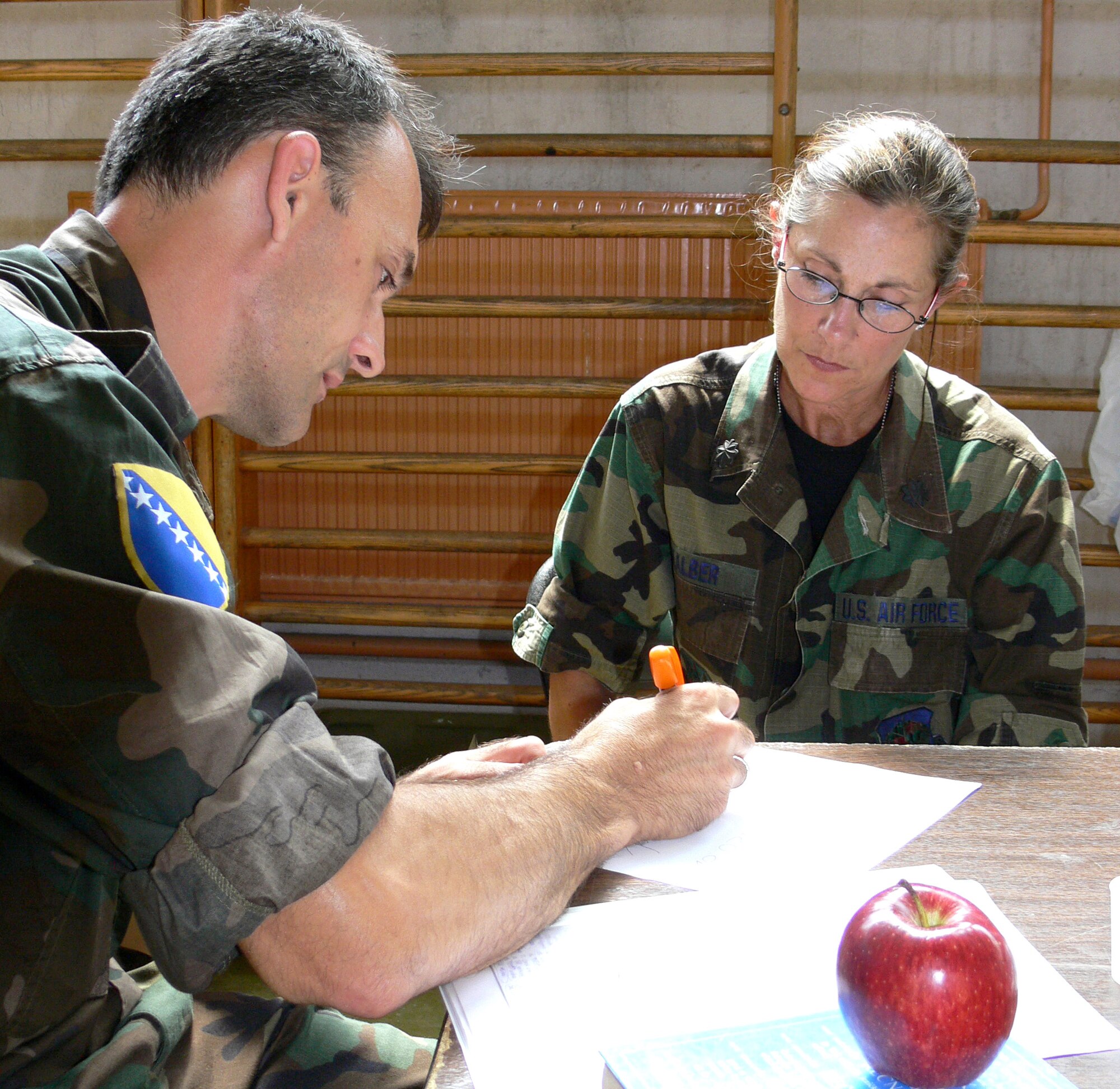 Lt. Col. Kay Kalber gets a lesson in the local language from Staff Sgt. Miralem Okanovic of the Bosnia and Herzegovina Ministry of Defense on July 18 in Zivince. Colonel Kalber is with the Maryland Air National Guard's 175th Medical Group on a humanitarian mission. (U.S. Air Force photo/Master Sgt. Ron Przysucha) 
